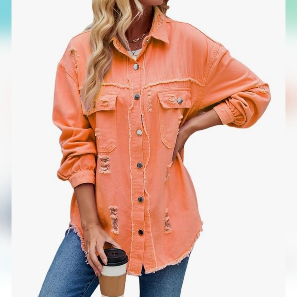 Women's Orange Denim Casual Long Sleeve Distressed Jean Jacket - NWOT